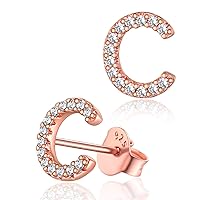 Silver Initials Earrings for Female Sterling Silver Tiny Rose Gold Stud Earrings with Letter C Charms