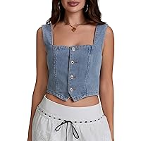 Womens Denim Vest Top Y2k Fashion Button Jean top Crop Square Neck Slim Backless Going Out Tops