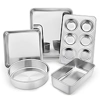 TeamFar Bakeware Sets, Stainless Steel Toaster Oven Baking Roasting Pans, Square/Round Cake Pan, Loaf Pan & Muffin Pan, Healthy & Heavy Duty, Smooth & Dishwasher Safe-5 PCS