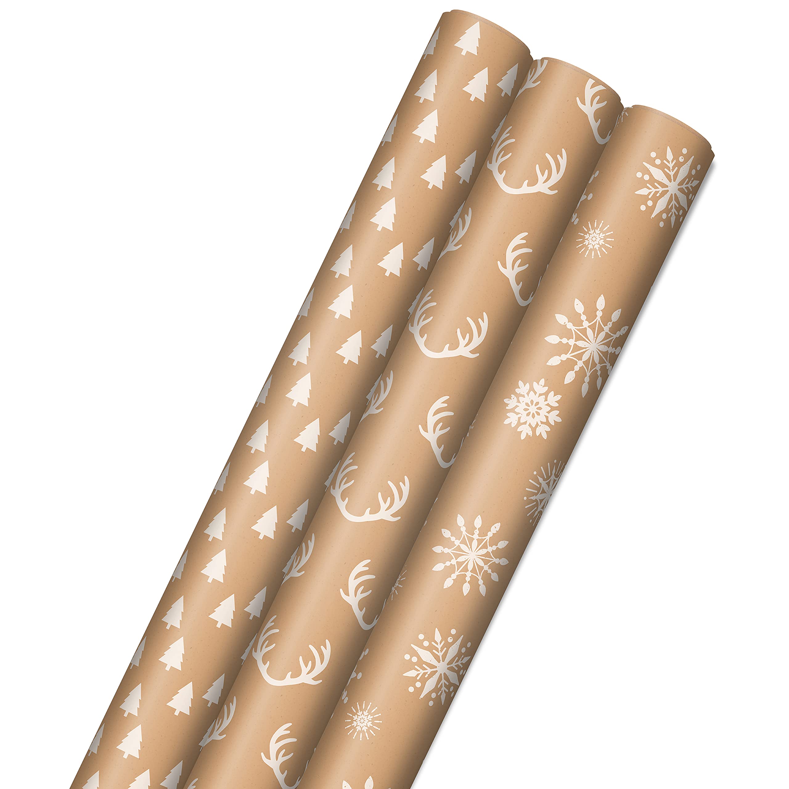 Hallmark Recyclable Kraft Wrapping Paper with Cut Lines (3 Rolls: 90 Sq. Ft. Ttl.) Minimalist Christmas, White Trees, Deer Antlers, Snowflakes on Brown Kraft for Holidays, Weddings, Winter Solstice, 30 Sq Ft (0005JXW1210)