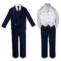7pc Baby Toddler Boy Teen Party Wedding Navy Suit Set Satin Necktie & Vest Sm-4T