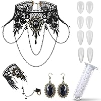 9 Pieces Halloween Vampire Choker Necklace Gothic Black Lace Choker Necklace with Bracelet Earrings and Vampire Teeth Fangs for Halloween Costume Accessories Women Girls
