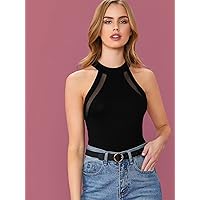 Women's Tops Sexy Tops for Women Shirts Mesh Insert Halter Top Shirts for Women (Color : Black, Size : X-Large)