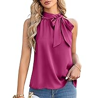JASAMBAC Women's Summer Sleeveless Halter Top Tie Mock Neck Bow Loose Tank Top Dressy Casual Business Blouse