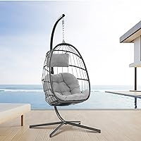 Egg Swing Chair with Stand Hanging Egg Chair Outdoor - Rattan Wicker Patio Hanging Basket Chair Hammock Chair with Aluminum Steel Frame and UV Resistant Cushion for Indoor Bedroom Balcony (Grey)