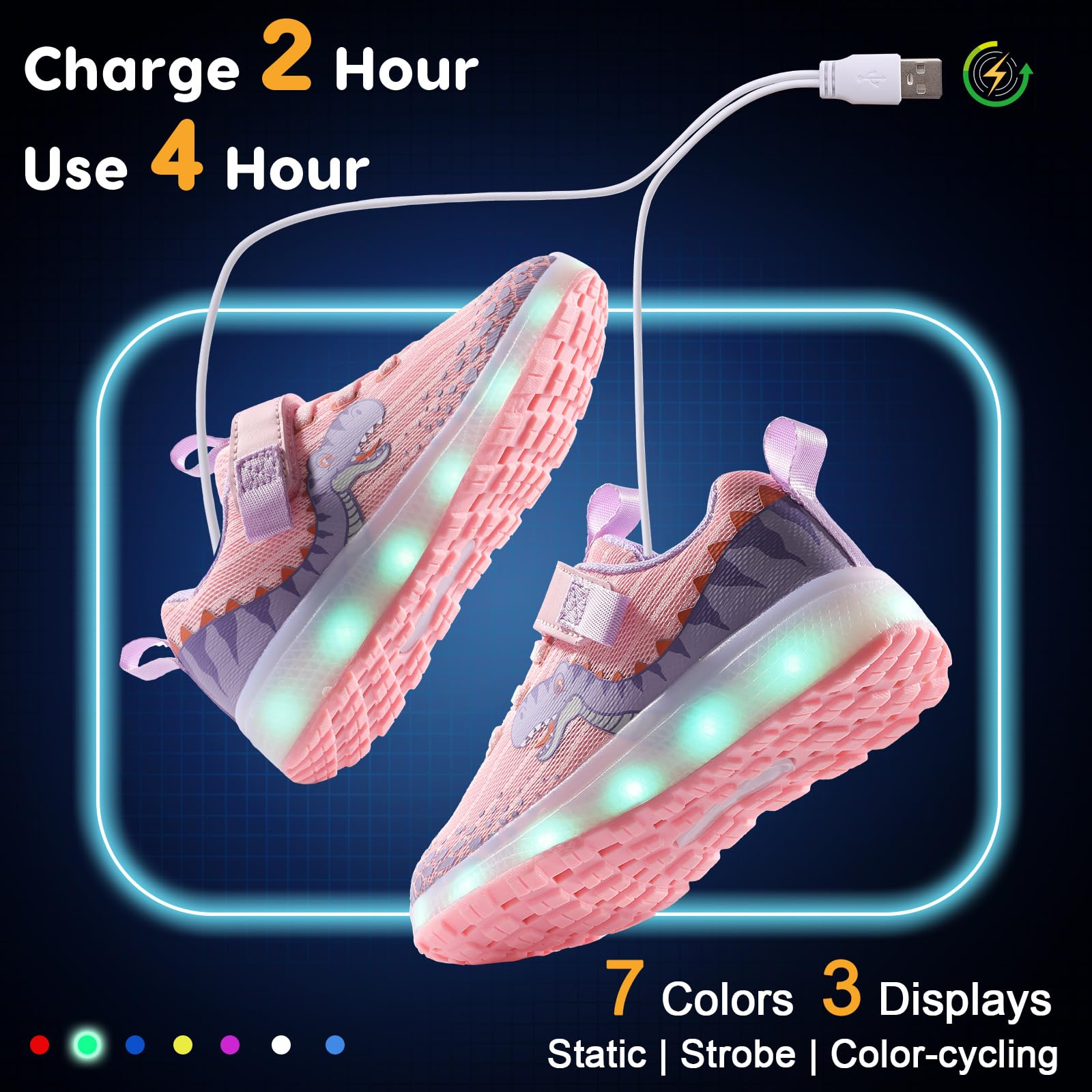 SKASO Toddler Sneakers Light Up Shoes for Boy Girl with Hook and Loop Rechargeable 7 Colors Adjustable Led Shoes Comfortable Non-Slip Dinosaur Shark Shoes Little Kid