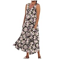 Linen Sundresses for Women 2024 Bohemian Dress for Women 2024 Floral Print Casual Loose Fit Linen with Sleeveless U Neck Pockets Dresses Black Medium