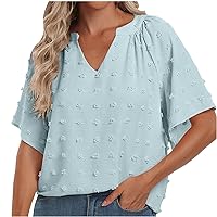 Women Summer V Neck Short Sleeve Blouse Flowy Pom Pom Shirt Dressy Casual Loose Swiss Dot Tee Tops 2024 Trendy Clothes