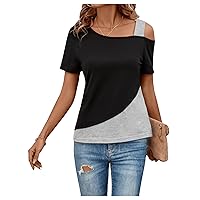 SOLY HUX Women's Color Block Tee Cold Shoulder Short Sleeve T Shirts Tops