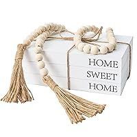 Decorative Books for Home Decor, White Faux Books for Decoration, Rustic Farmhouse Stacked Display Books with 52in Wood Bead Garland for Coffee Tables Living Room, (Home Sweet Home)