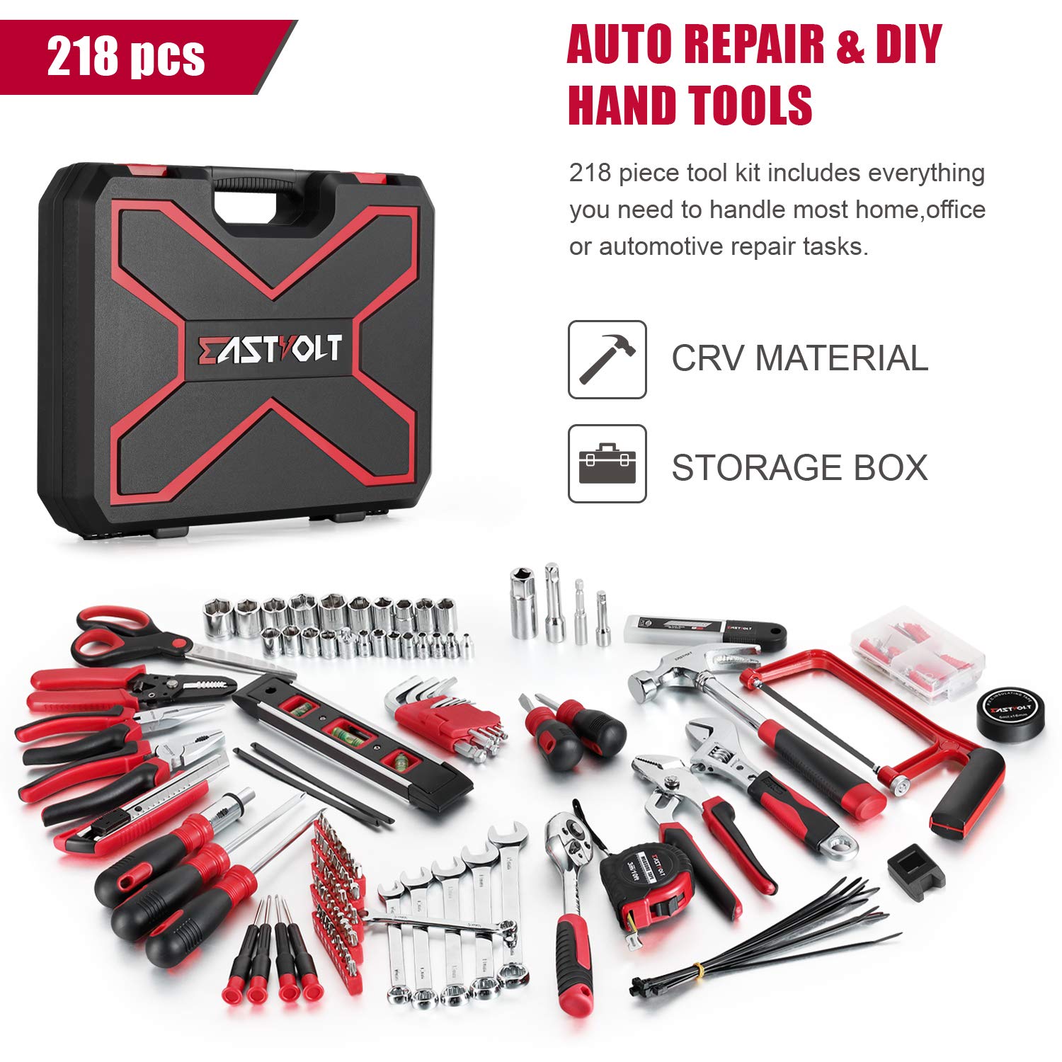 Eastvolt 218-Piece Household Tool Kit, Auto Repair Tool Set, Tool Kits for Homeowner, Plier, Screwdriver Set, Socket Kit and Toolbox Storage Case,Black + Red