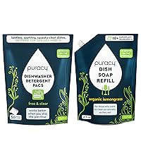 Puracy Dishwasher Pods 50 Count, Natural Dishwasher Detergent, Free and Clear & Puracy Natural Dish Soap Refill, Plant-Based Liquid Dishwasher Detergent Soap Organic Lemongrass, 48 Oz