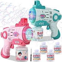Roberly 2 Pack Bubble Guns for Kids Toddlers, Light Up Bubble Gun Machine with 4 Bottles Bubble Refill Solution, 10 Holes Bubble Blower for Birthday Gift Toys Basket Stuffers Party Favor