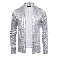 Men's Sequin Buttonless Cardigan Thin Long Sleeved Knit Shirt Performance Wear Large Top