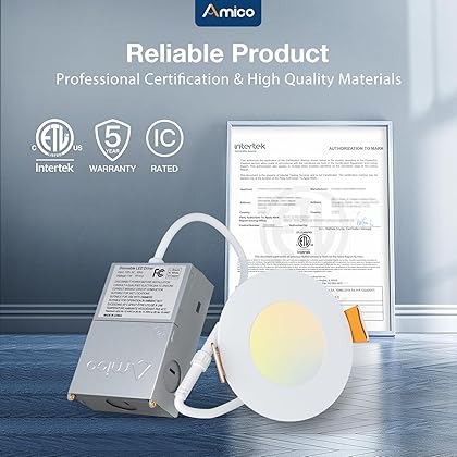 Amico 24 Pack 4 Inch 5CCT Ultra-Thin LED Recessed Ceiling Light with Junction Box, 2700K/3000K/3500K/4000K/5000K Selectable, 10W Eqv 60W, Dimmable Can Light, 800LM High Brightness Downlight - ETL&FCC