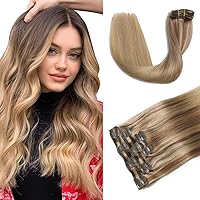 Clip in Hair Extensions Balayage Golden Brown to Light Blonde Clip in Hair Extensions Real Human Hair for Women 100g 6pcs Handmade Clip in Extensions Soft Silky Straight Human Hair #10/27/27 14 Inch