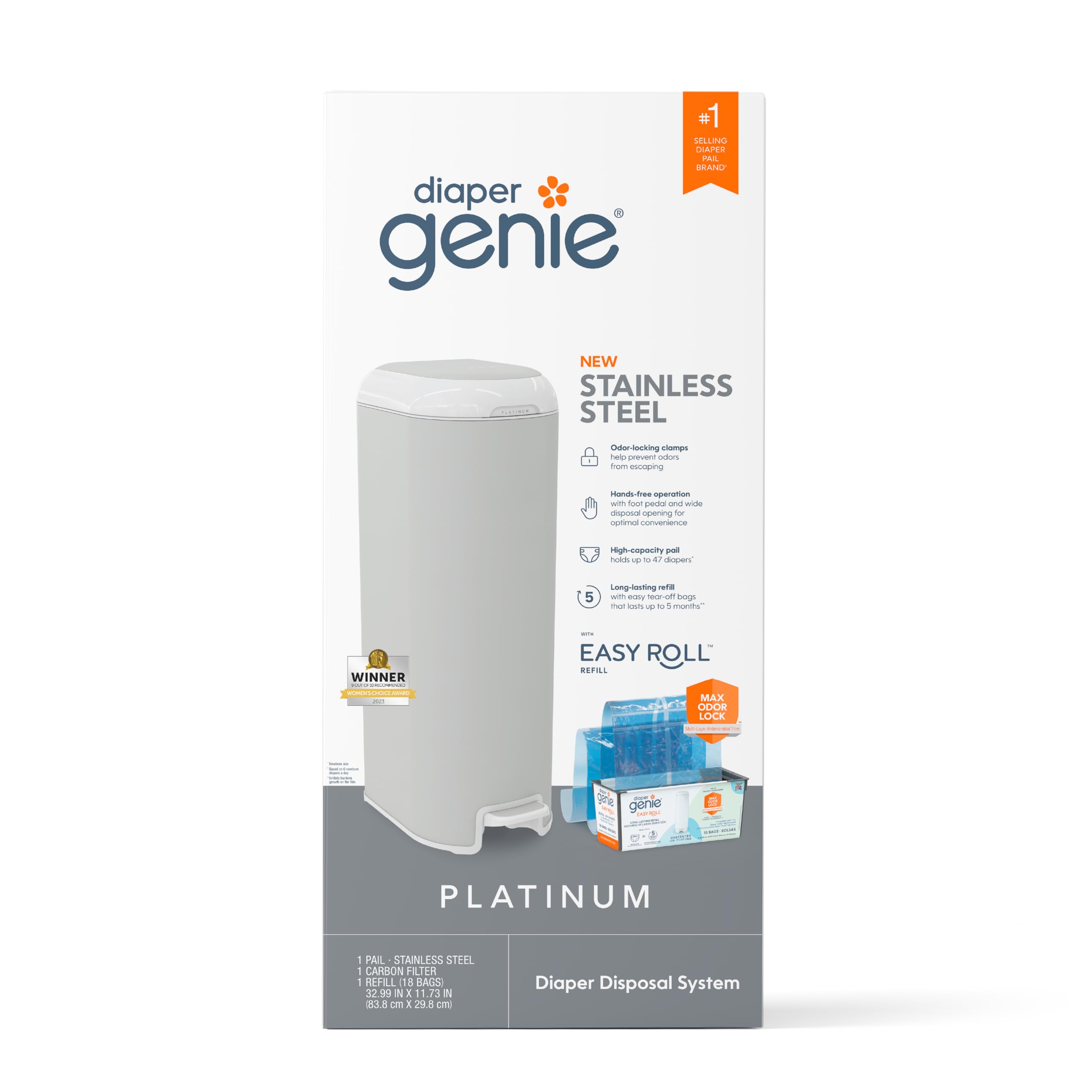 Diaper Genie Platinum Pail (Stone Grey) is Made in Durable Stainless Steel and Includes 1 Easy Roll Refill with 18 Bags That can Last up to 5 Months.