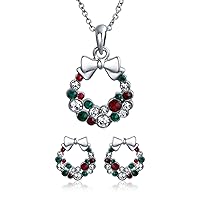 Fashion Sparkling Christmas Jewelry Set Bow Red Green White Crystal Holiday Wreath Stud Earrings Pendent For Women Teen Crystal Silver Plated
