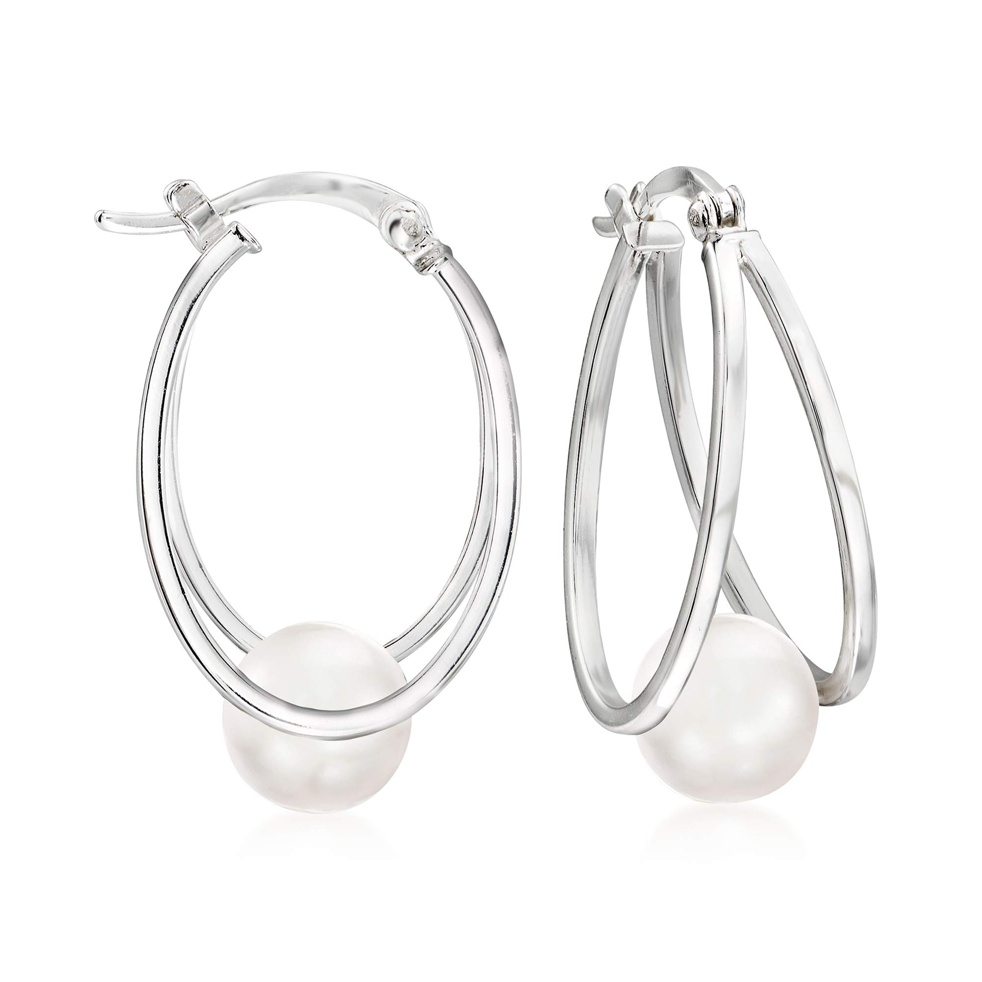 Ross-Simons Pearl Double Hoop Earrings in Sterling Silver