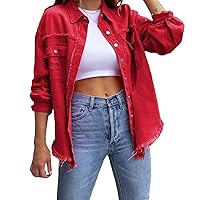 Oversized Denim Jackets Women Classic Frayed Distressed Ripped Jean Jacket Long Sleeve Button up Shacket Outerwear