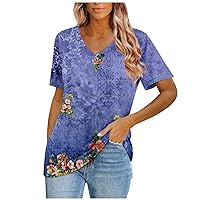 Hide Belly Shirts for Women 2024 Casual Trendy Floral Print Blouse Ladies Comfy V Neck Short Sleeve Shirt