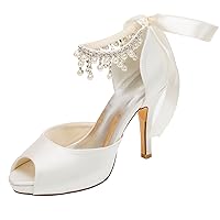 Emily Bridal Wedding Shoe Ivory Wedding Shoes Satin High Heels Peep Toe Pearls Lace up Bridal Shoes