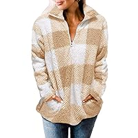 MEROKEETY Women's Plaid Sherpa Fleece Zip Sweatshirt Long Sleeve Pullover Jacket