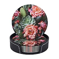 Coasters for Drinks Set of 6 Roses Flowers and Cactus Leather Coasters Spill Protection Cup Mat for Drinks for Home Office Coffee Bar Table