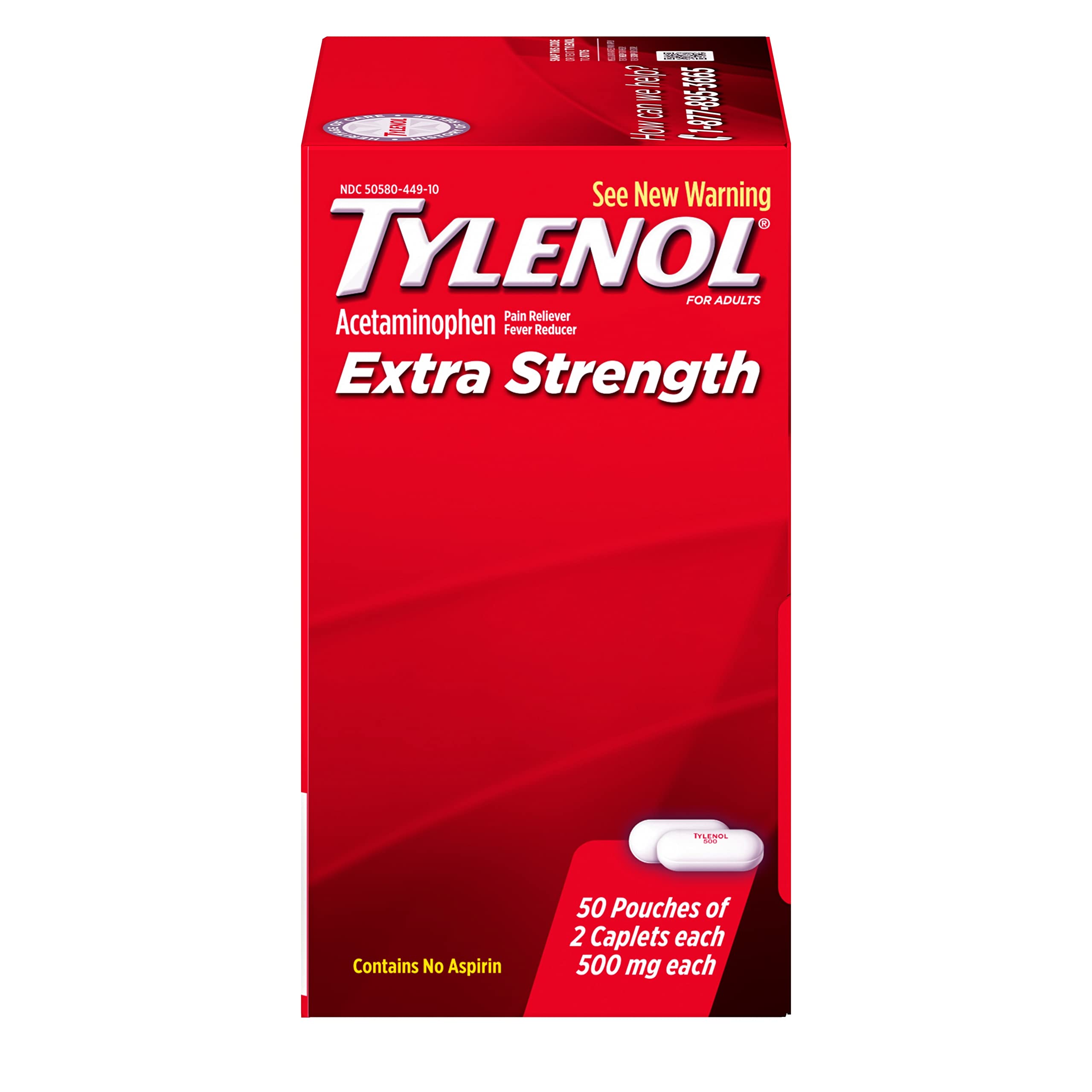 Tylenol Extra Strength Pain Relief Caplets with 500mg Acetaminophen, Pain Reliever & Fever Reducer Medicine for Headache, Backache & Menstrual Pain Relief, 50 pkts of 2 caplets Each, 100 ct