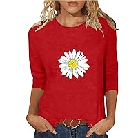 Daisy Shirts for Women Oversized T Shirt Flower Graphic Tees Vintage Floral Print Crew Neck 3/4 Sleeve Blouse Tops