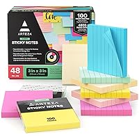 ARTEZA Sticky Notes 3x3 inches - 48 Lined and Blank Sticky Pads (100 Pages per Pad) - Bulk Sticky Note Pads - Assorted Multicolor Self-Adhesive Sticky Notes - School and Office Supplies Desk Note Pads