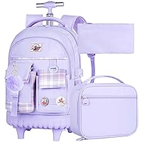 gxtvo 3PCS Girls Rolling Backpack, Women Roller Bookbag with Lunch Box for Adults, Water Resistant Wheeled School Bag for College Teens Kids Travel - Purple