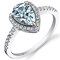PEORA Aquamarine Teardrop Halo Ring for Women 14K White Gold with White Topaz, Natural Gemstone Birthstone, 1 Carat Pear Shape 9x6mm, Sizes 5 to 9
