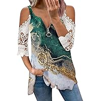Cold Shoulder Waffle Tops for Women, Womens Marble Printed Zipper Front Shirts Crochet Knit 3/4 Sleeve Gradient Tunic Blouses