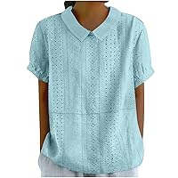 Womens Eyelet Tee Tops Peter Pan Collar Short Sleeve Dressy T-Shirts Summer Hollow Out Casual Loose Fit Y2K Blouse