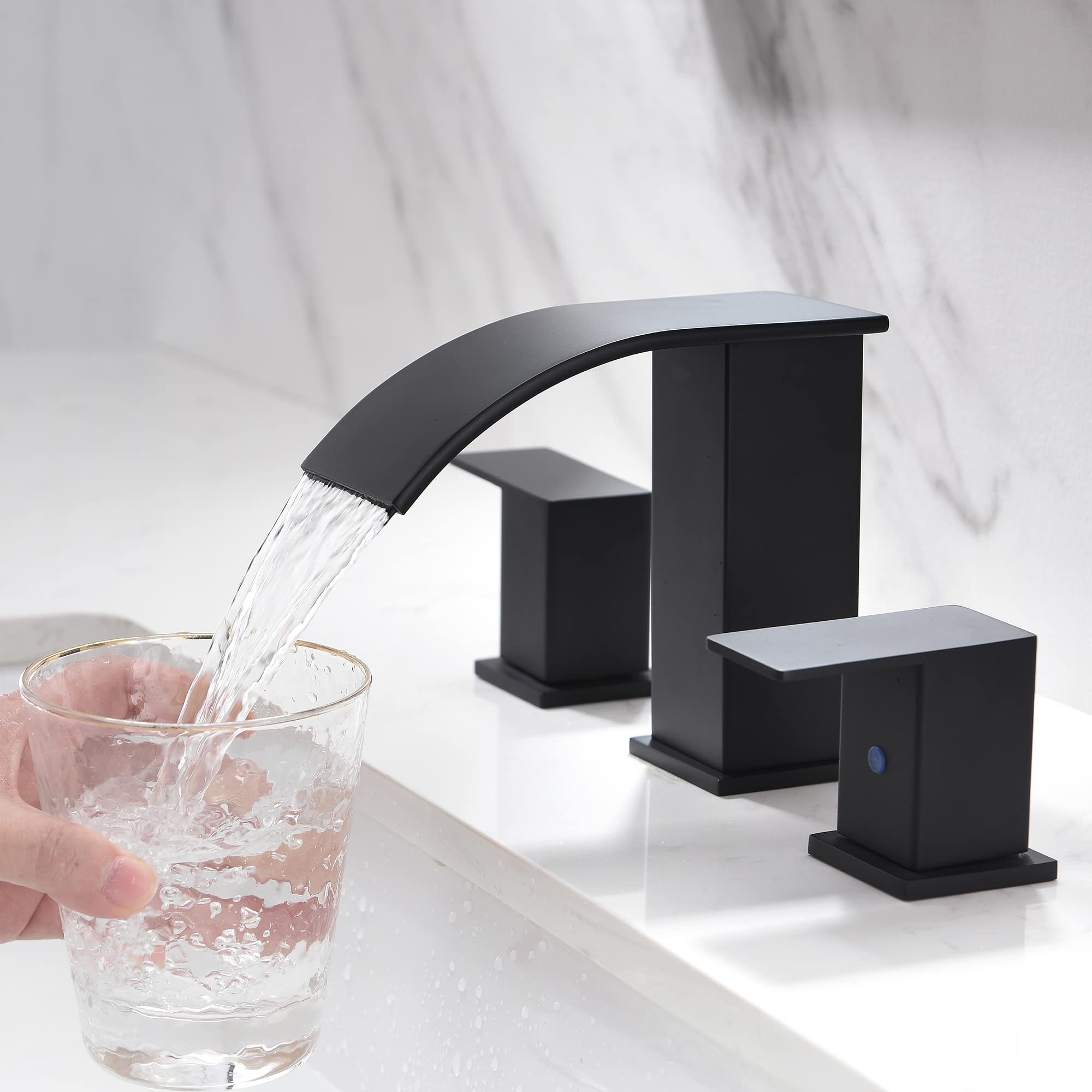 BRAVEBAR Black Waterfall Bathroom Faucet 3 Holes - 8Inch Widespread Bathroom Sink Faucet | Two Handles Lavatory Vanity Sink Faucets with Pop-up Drain Assembly & Supply Lines Matte Black