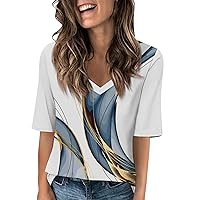 Womens Fashion Half Sleeve Tops Casual V Neck Summer Shirts Loose Fit Elbow Length Sleeve Blouses