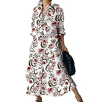 Linen Dresses for Women 2024 Button Lapel V Neck Long Sleeve Shirt Dess Floral Plus Size Formal Casual Blouse Dress