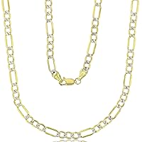 DECADENCE 14k Two Tone Gold Hollow 2mm-10mm White Pave Figaro Chain with Lobster Claw Clasp | Italian Gold Necklaces | Gold Figaro Necklaces for Men and Women