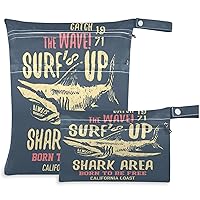 visesunny Vintage Shark Cartoon Animal 2Pcs Wet Bag with Zippered Pockets Washable Reusable Roomy Diaper Bag for Travel,Beach,Daycare,Stroller,Diapers,Dirty Gym Clothes,Wet Swimsuits,Toiletries