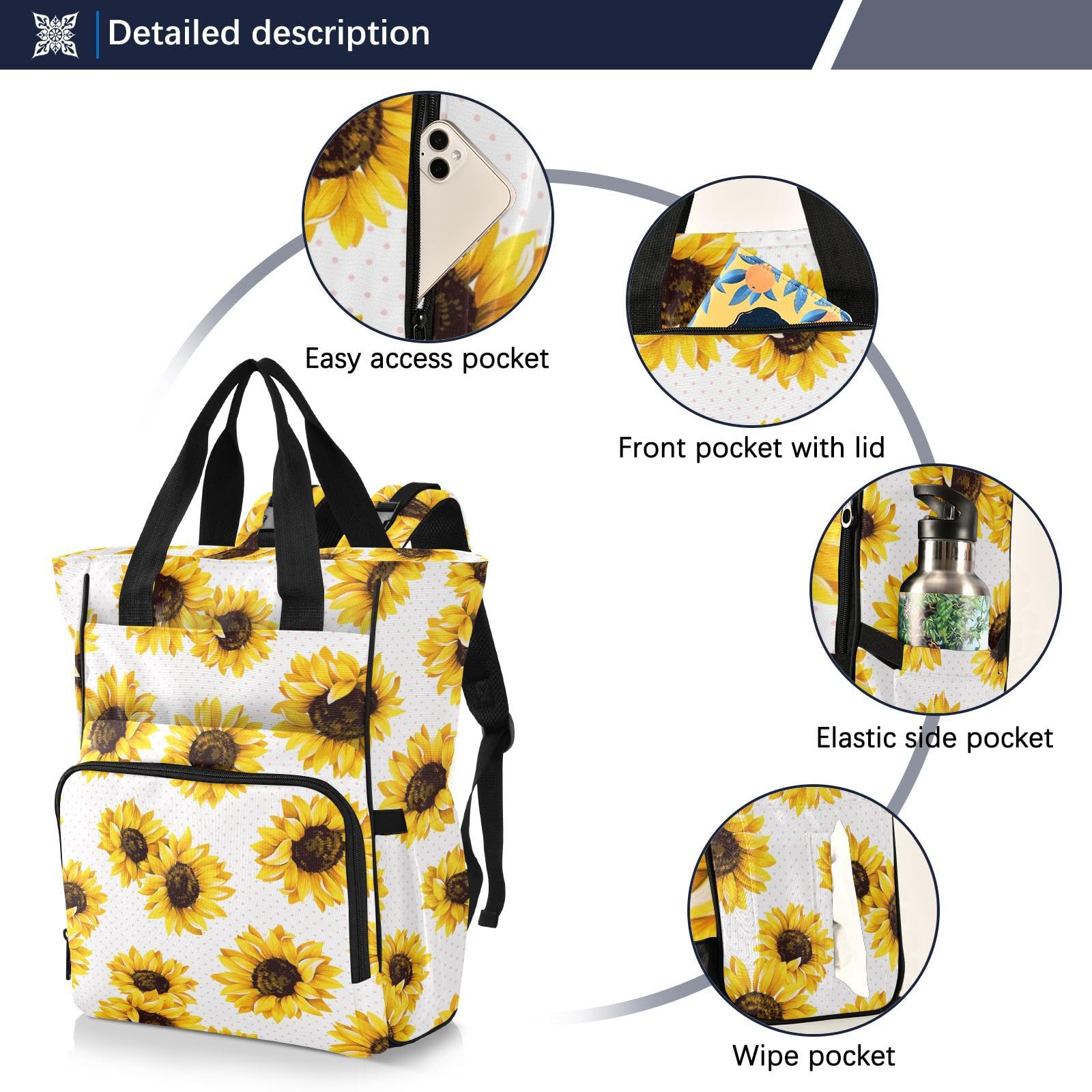 innewgogo Sunflowers Diaper Bag Backpack for Baby Girl Boy Large Capacity Baby Changing Totes with Three Pockets Multifunction Maternity Travel Bag for Playing Shopping Travelling