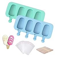 Ouddy Life Popsicle Molds Set of 2, Ice Pop Molds Silicone 4 Cavities Ice Cream Mold Oval Cake Pop Mold with 50 Wooden Sticks for DIY Popsicle, Green Blue