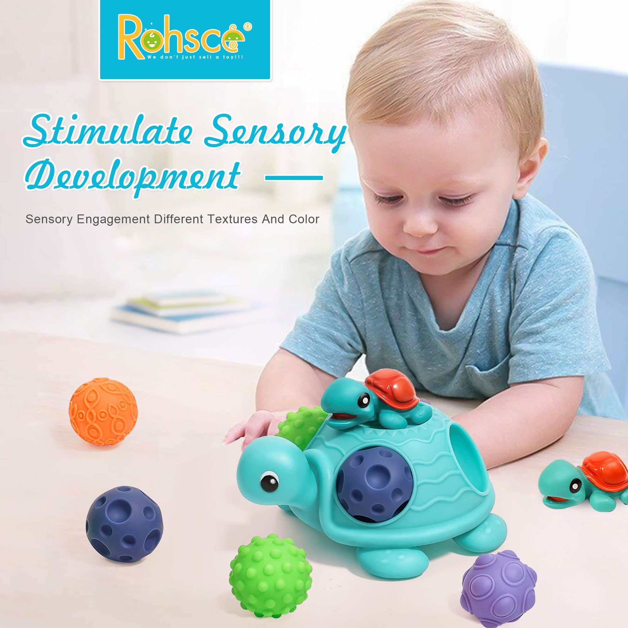 ROHSCE 12 Pcs Montessori Toys for Babies 3 Months, Crawling Toys for Babies 6-12 Months, Sensory Turtle Toy with Sensory Balls Set