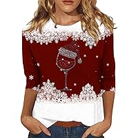 Plus Size Christmas Tops,Women's Fashion Casual Round Neck 3/4 Sleeve Loose Christmas Printed T-Shirt Ladies Top