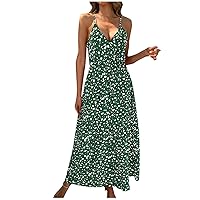 Summer Dresses for Women 2024 Spaghetti Strap V Neck Sleeveless Dresses Casual Floral Backless Long Swing Dresses