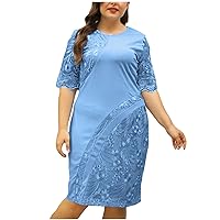 Womens Sky Blue Wedding Guest Dresses Plus Size Lace Patchwork Midi Tshirt Dress Elegant Half Sleeve Formal Dresses