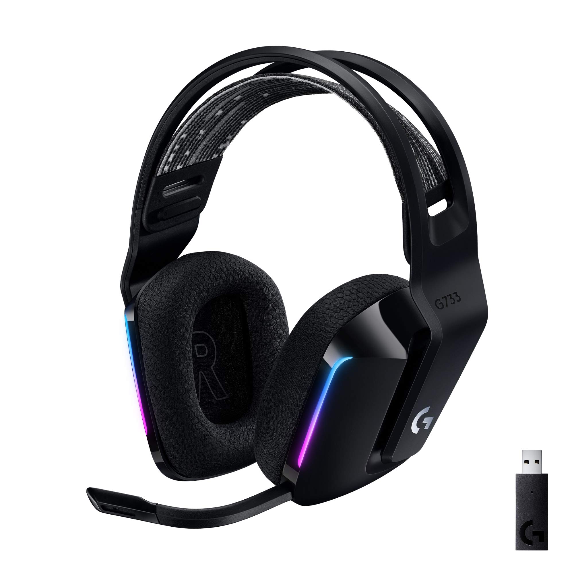 Logitech G733 Lightspeed Wireless Gaming Headset with Suspension Headband, LIGHTSYNC RGB, Blue VO!CE mic Technology and PRO-G Audio Drivers, Lightweight, 29 Hour Battery Life, 20m Range - Black