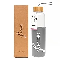 FEMEO® Glass Water Bottle for Women | Eco, Yoga & Gym Friendly, 18oz | 100% Leakproof, BPA-Free, Dishwasher Safe, Borosilicate Drinking Glass Bamboo Sports Cap Grey