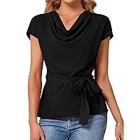 JASAMBAC 2024 Womens Tops Dressy Casual Cowl Neck Blouse Loose Fit Solid Color Summer Short Sleeve Shirts with Belt