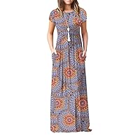 GRECERELLE Women's Short Sleeve Floral Print Loose Plain Maxi Dresses Casual Long Dresses with Pockets FP-Peacock Blue X-Large